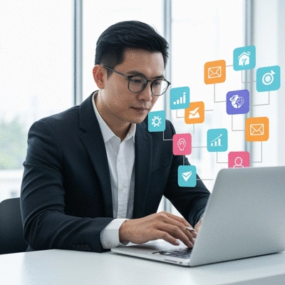 Modern professional working on a laptop, surrounded by digital marketing icons, representing digital brand strategy, no text, no words, no typography, 8K