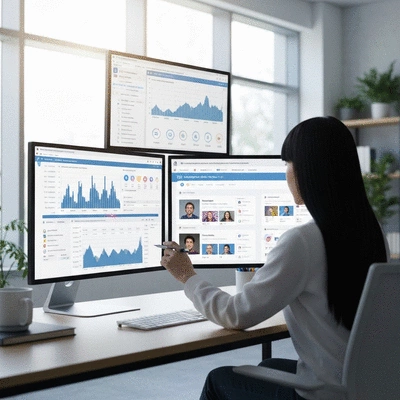 Person using various digital marketing tools on a multi-screen setup