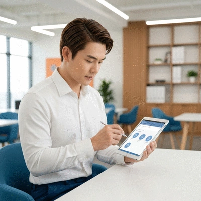 Person filling out an online survey on a tablet, showcasing customer feedback collection. Bright, modern office setting, professional, no text, no words, no typography, 8K, high resolution.