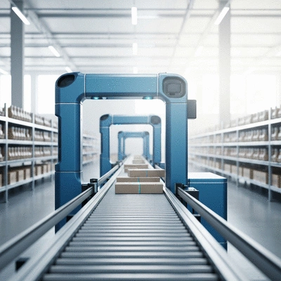 Automated warehouse picking robot on a conveyor belt