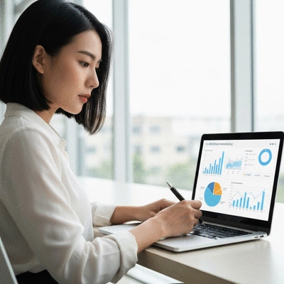 Person planning affiliate marketing strategy on a laptop with charts and graphs