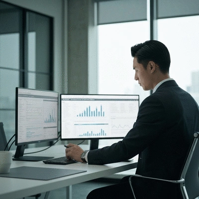 Professional conducting a digital brand audit, analyzing data on multiple screens