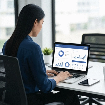 Person using a laptop to analyze eCommerce SEO metrics with charts and graphs on screen