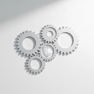 Data privacy concept with interlocking gears and a shield icon, representing secure data handling