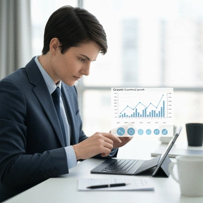 Person analyzing a growth chart on a tablet, visualizing ecommerce business expansion, surrounded by minimalistic office elements, clean background, no text, no words, no typography, 8K