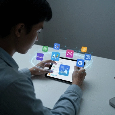 Person researching on a tablet with various SEO tools icons floating around them