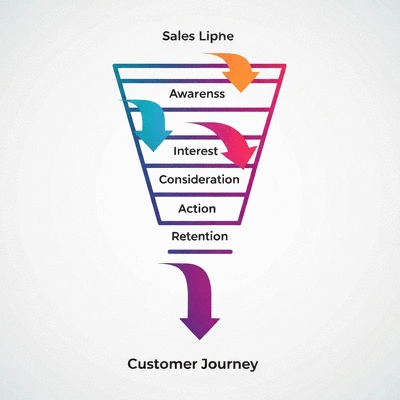 Modern graphic illustrating a sales funnel with arrows flowing downwards, representing customer journey stages: Awareness, Interest, Consideration, Action, Retention. Minimalist design, clean background, no text, no words, no typography, 8K, high resolution.