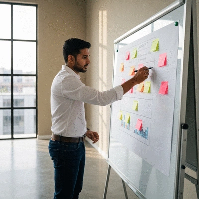 Entrepreneur adapting a business plan with sticky notes, showing flexibility and iteration