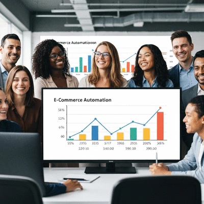 A diverse group of smiling business owners looking at a dashboard with positive growth charts on a large screen, symbolizing successful e-commerce automation and increased revenue, no text, no words, no typography, no labels, clean image