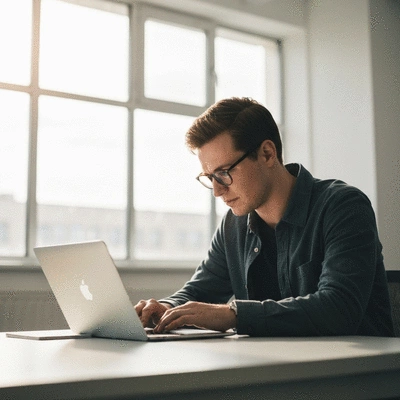 Person using a laptop to research market trends, illustrating business idea validation