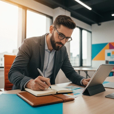 Entrepreneur thoughtfully planning digital brand strategy with a notebook and tablet, vibrant office setting, no text, no words, no typography, 8K